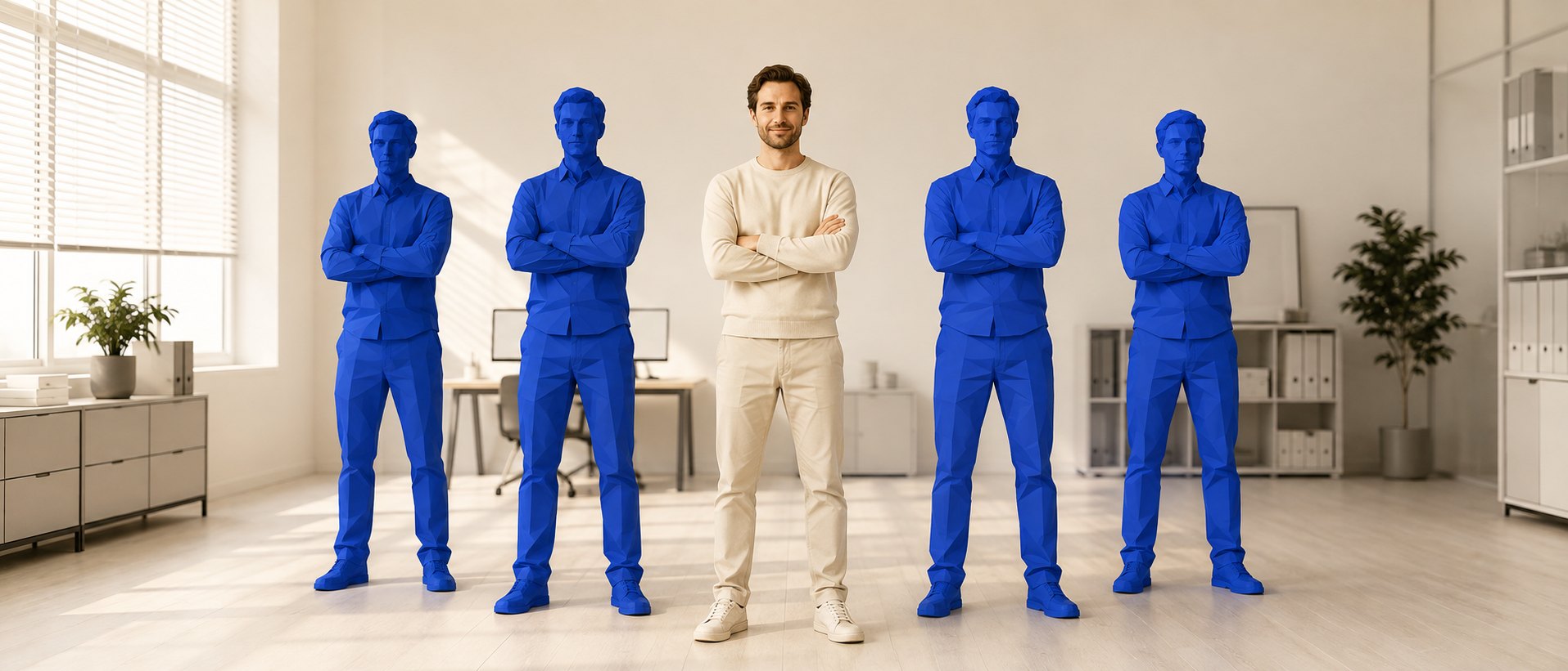 Quattro figure della squadra intorno a una persona al centro